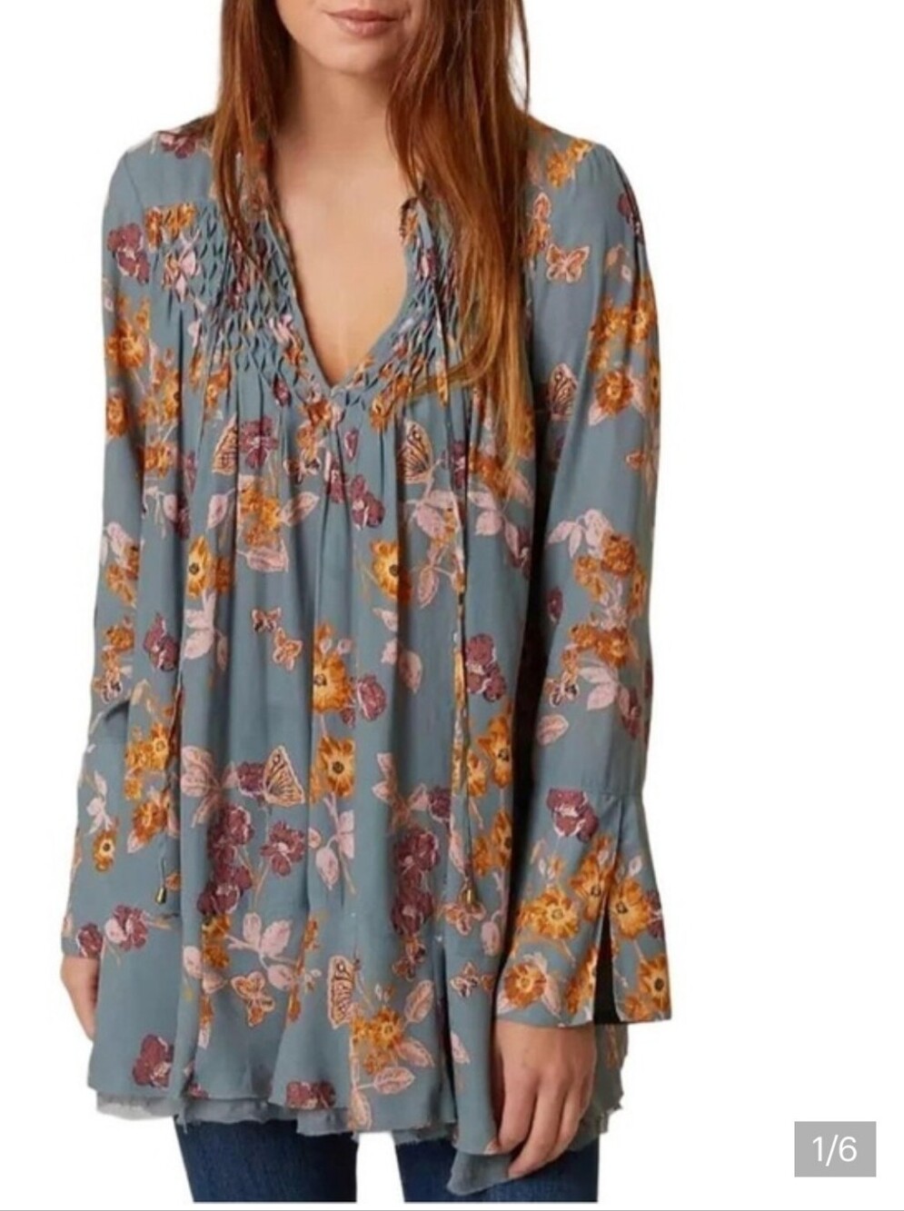 Free People Dusty Blue Floral Smocked Tunic - Picture 1 of 12